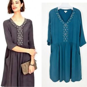 Garnet Hill Green Embroidered Boho  V Neck Packets Dress 8